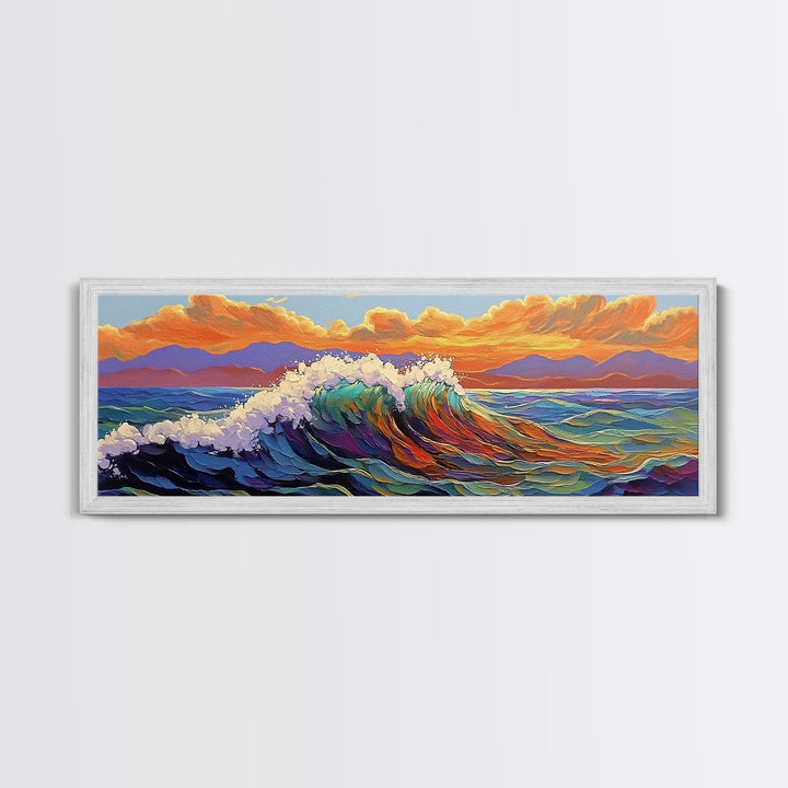 Ocean Wave Sunset, Vibrant Seascape Painting, Tropical Horizon Scene, Framed Canvas Print, Coastal Wall Art, Nautical Decor