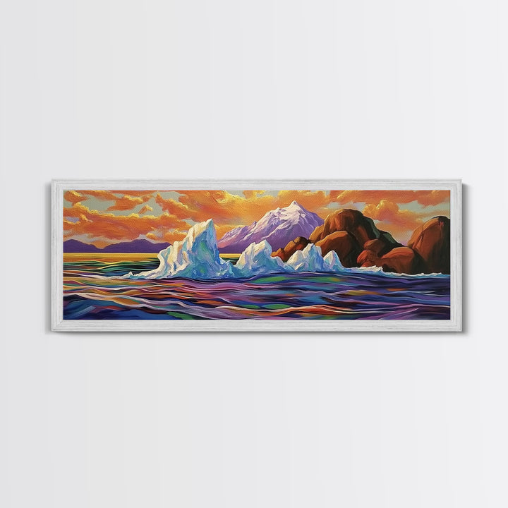 Iceberg Ocean Scene, Arctic Sunset Painting, Majestic Ice Waterscape, Framed Canvas Print, Coastal Wall Art, Winter Home Decor