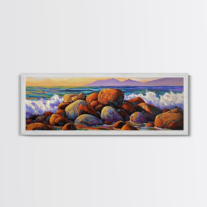 Coastal Boulders, Wave Crash, Ocean Energy, Framed Canvas Print, Beach House Wall Art, Seascape Painting, Coastal Decor, Nature Vibes