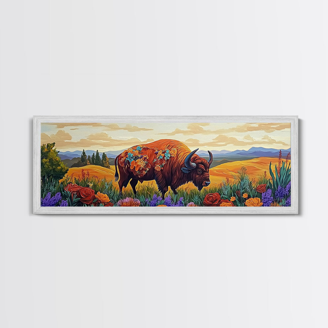 Bison Meadow, Wildflowers, Prairie Soul, Framed Canvas Print, Fall Wall Art, Western Decor, Rustic Living Room Art, Nature Art