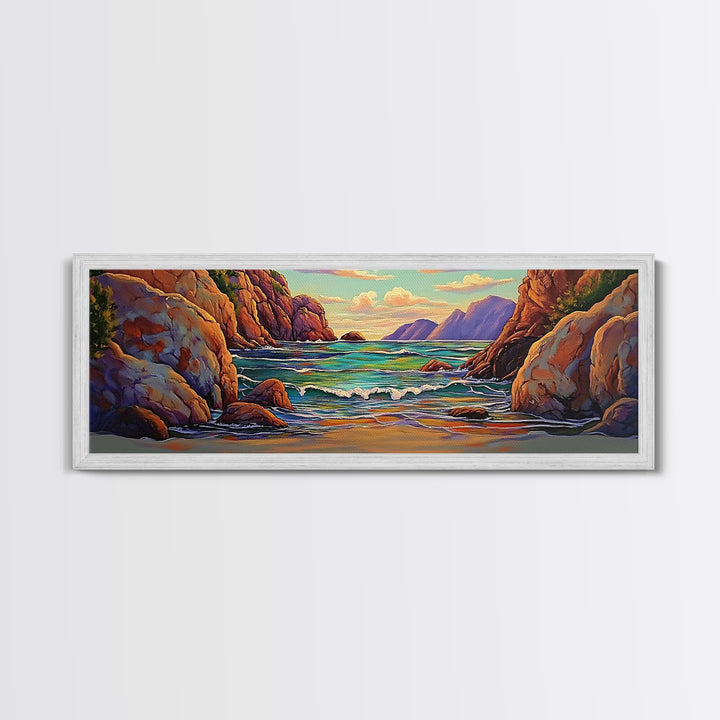 Rocky Cove, Sunset Ocean, Wave Art, Coastal View, Framed Canvas Print, Bathroom Wall Art, Earth Tones, Seascape Canvas Decor