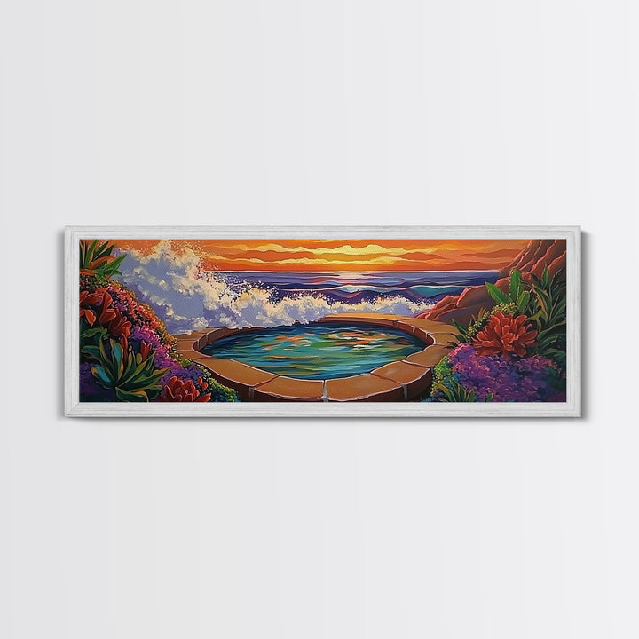 Ocean Hot Spring, Tropical Spa Scene, Sunset Serenity, Coastal Zen, Framed Canvas Print, Relaxation Art, Bohemian Wall Art