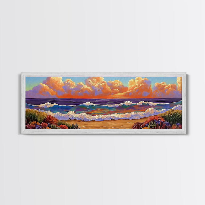 Beach Sunset, Gentle Waves, Cotton Clouds, Summer Calm, Framed Canvas Print, Coastal Wall Art, Soft Pastel Ocean Landscape