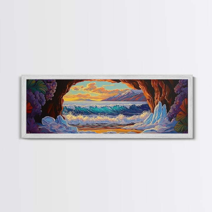 Arctic Ocean Cave, Winter Seascape, Vibrant Ice Waves, Framed Canvas Print, Seasonal Wall Art, Coastal Fantasy Decor