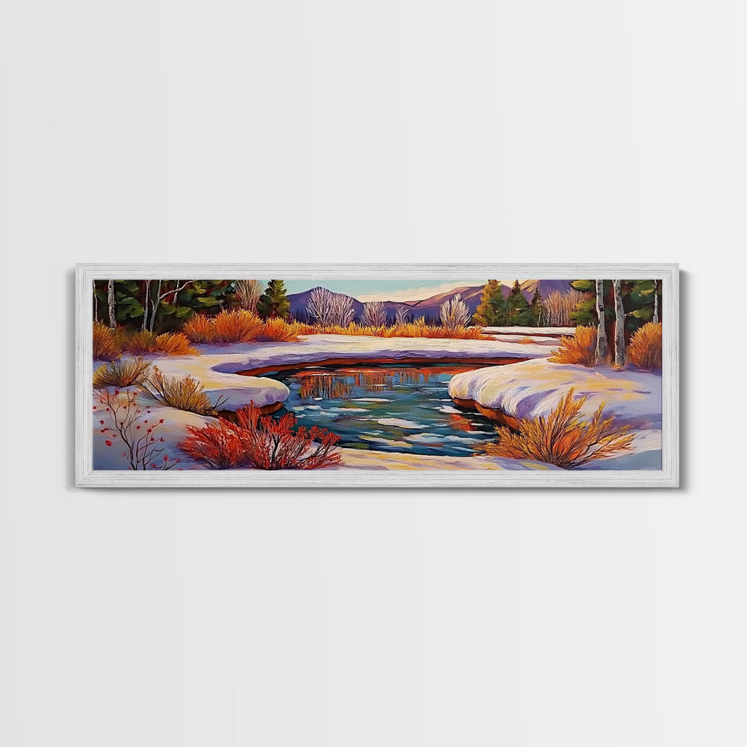Snowy Mountain Pond, Winter Forest Stream, Sunset Reflection, Canvas Print, Rustic Cabin Wall Art, Nature Landscape Art