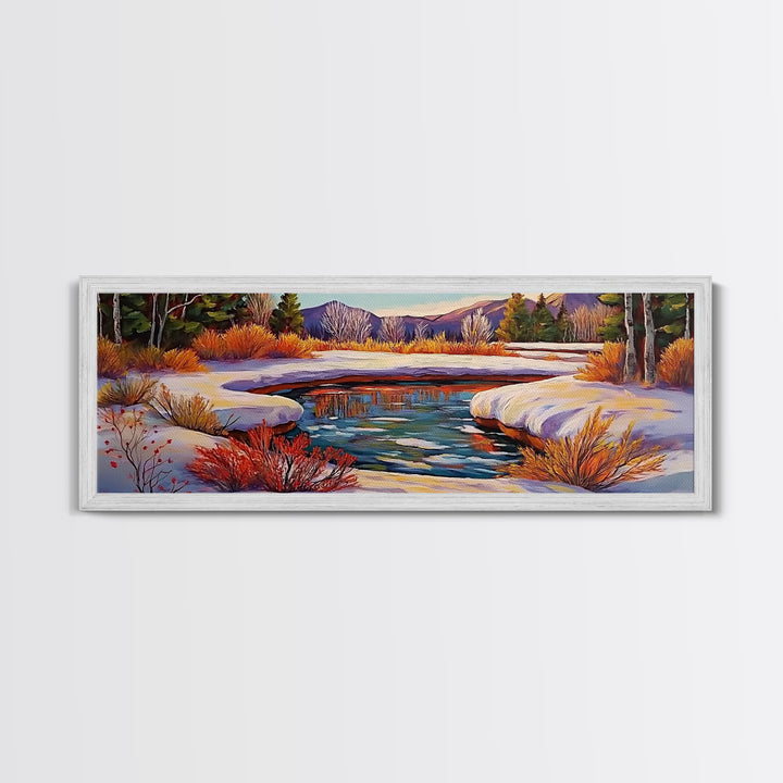Snowy Mountain Pond, Winter Forest Stream, Sunset Reflection, Canvas Print, Rustic Cabin Wall Art, Nature Landscape Art