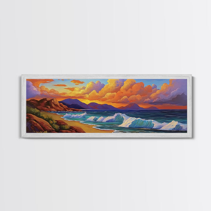 Coastal Sunset Glow, Ocean Horizon, Vibrant Wave Art, Framed Canvas Print, Living Room Wall Art, Colorful Beach Landscape