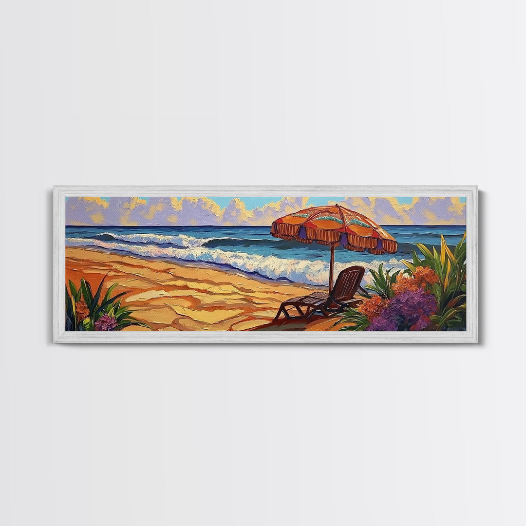 Beach Umbrella Scene, Vibrant Ocean View, Canvas Print, Tropical Coastal Decor, Seaside Living Room Wall Art, Boho Beach Style