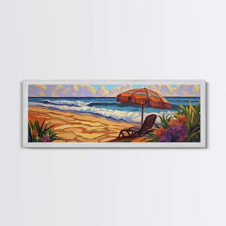 Beach Umbrella Scene, Vibrant Ocean View, Canvas Print, Tropical Coastal Decor, Seaside Living Room Wall Art, Boho Beach Style