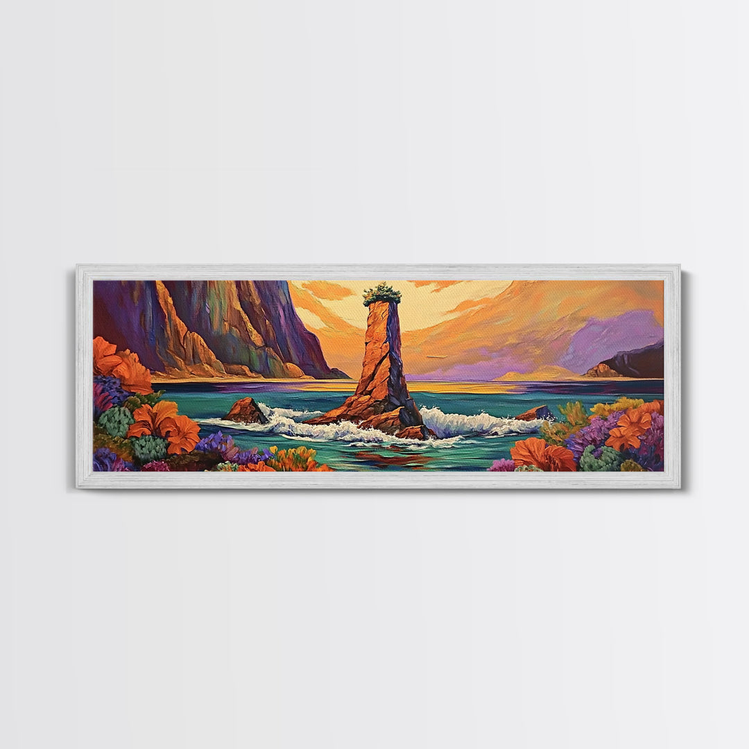 Ocean Rock Island, Sunset Coastline, Floral Foreground, Canvas Print, Living Room Wall Art, Mystical Nature Landscape