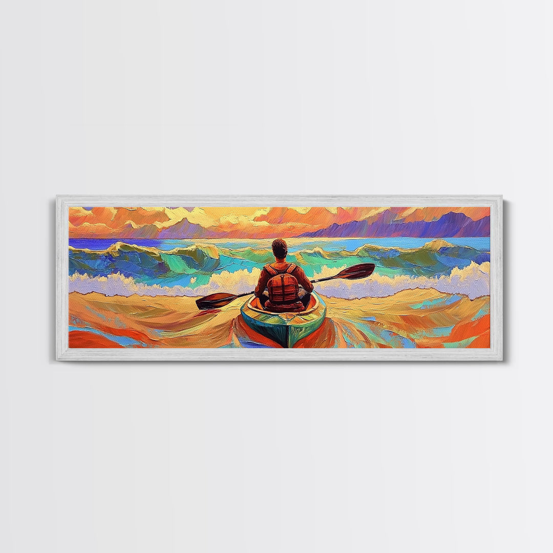 Ocean Kayaker, Waves Sunset, Adventure Spirit, Beach Home Accent, Framed Canvas Print, Coastal Wall Art, Colorful Outdoor Art