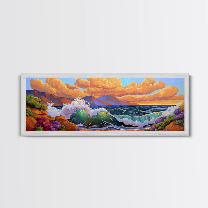 Coastal Surf, Sunset Clouds, Tropical Vibes, Ocean Wave Art, Framed Canvas Print, Beach House Decor, Seaside Living Room Art