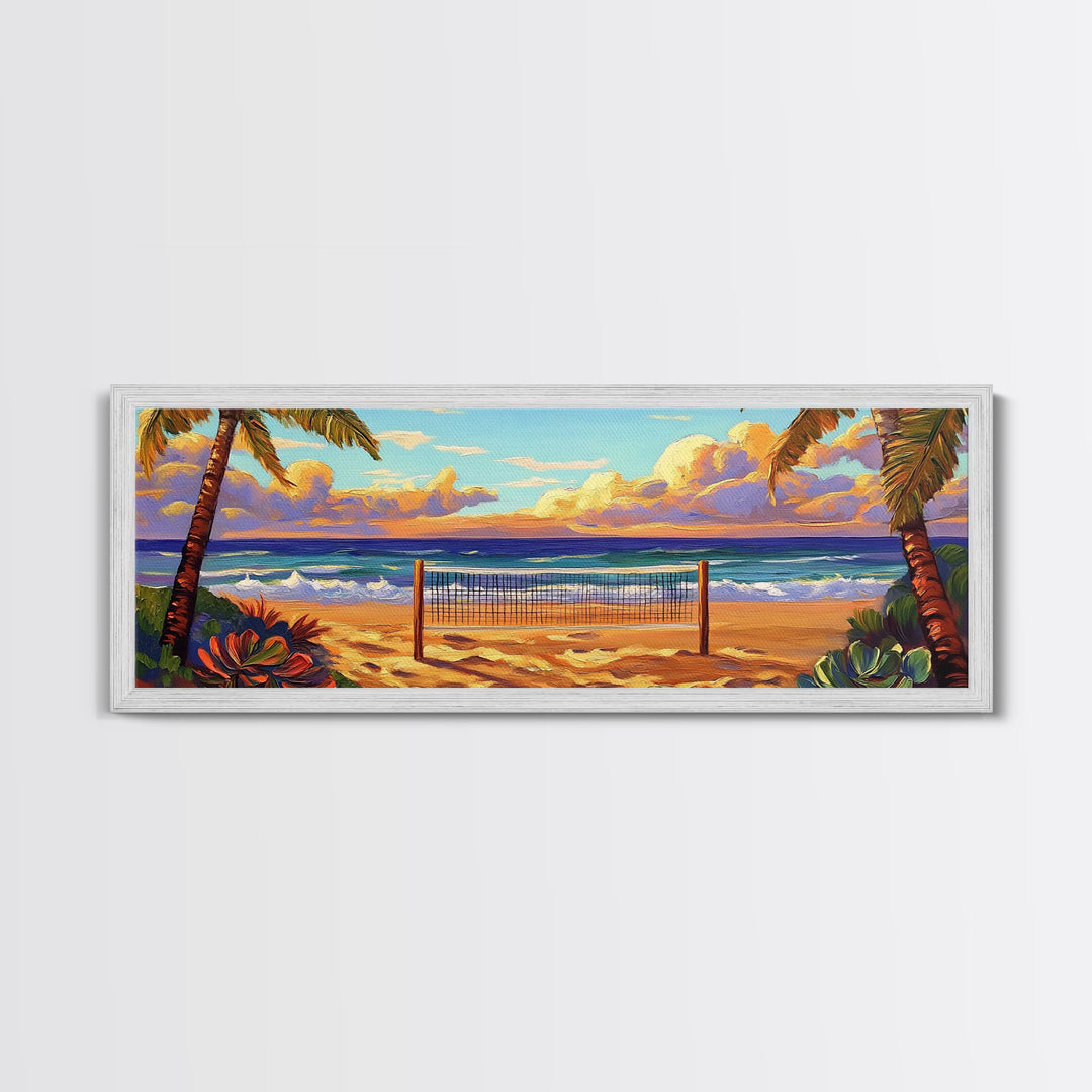 Beach Sunset, Palm Trees, Volleyball Net, Tropical Decor, Framed Canvas Print, Coastal Wall Art, Boho Beach Vibes, Game Room Art