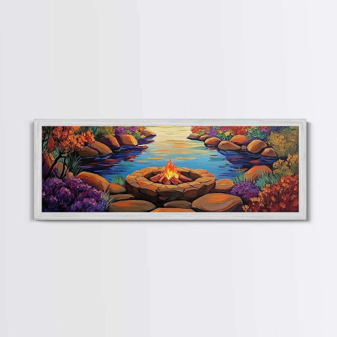 Campfire by River, Autumn Glow, Cozy Outdoor Scene, Framed Canvas Print, fall landscape, rustic decor, lodge wall art, den artwork