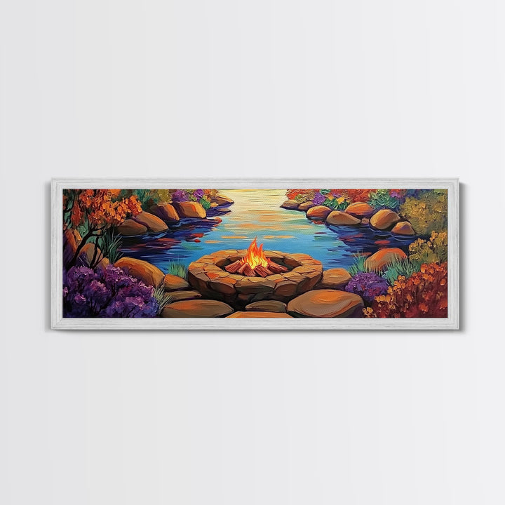 Campfire by River, Autumn Glow, Cozy Outdoor Scene, Framed Canvas Print, fall landscape, rustic decor, lodge wall art, den artwork
