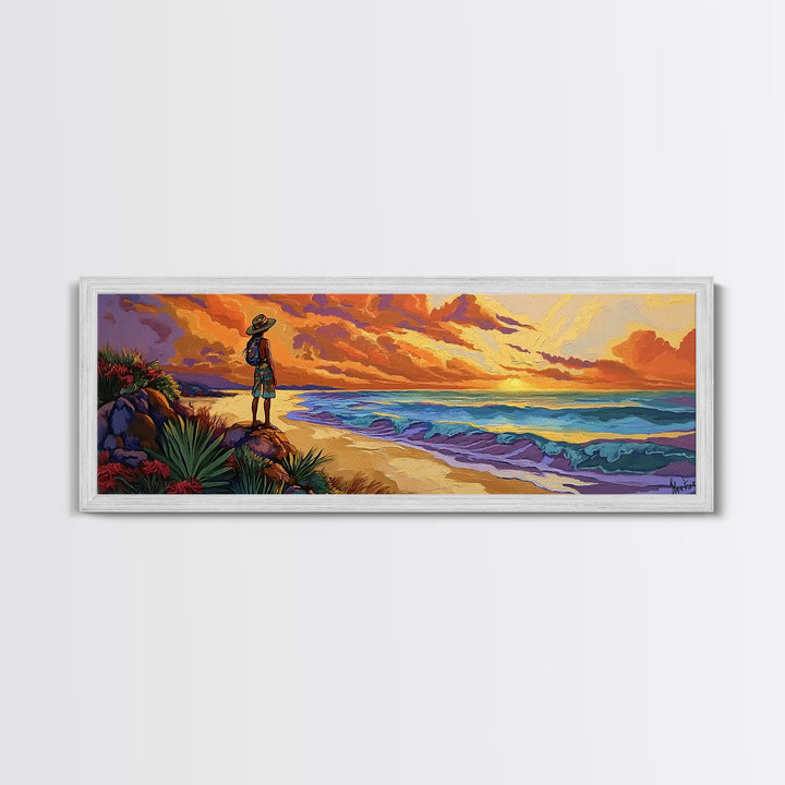 Ocean Sunset, Traveler View, Warm Colors, Beach Adventure, Framed Canvas Print, Wanderlust Wall Art, Bedroom Accent, Nature Lover Gift