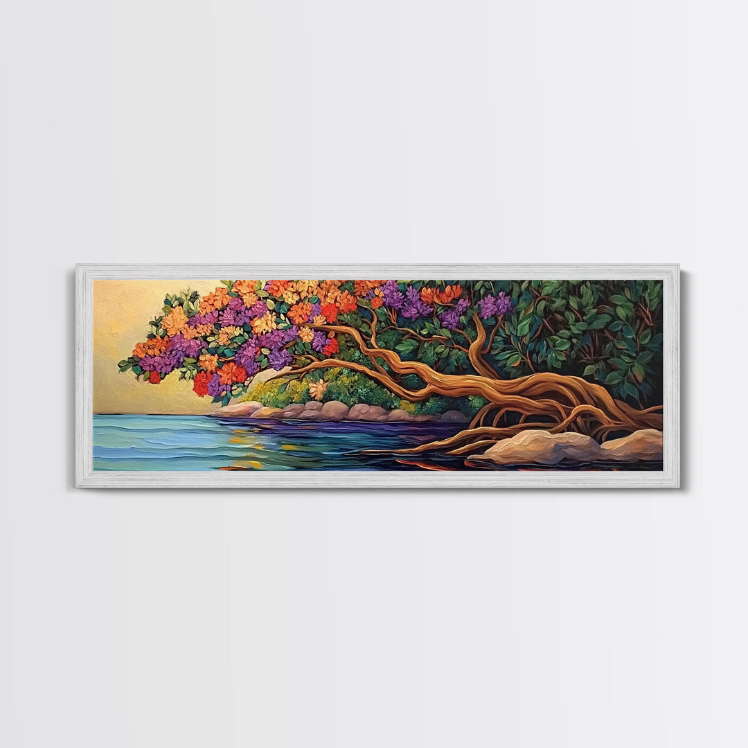 Blooming Tree, Ocean Shore, Tranquil Scene, Curved Branches, Framed Canvas Print, bedroom art, whimsical landscape, botanical wall piece