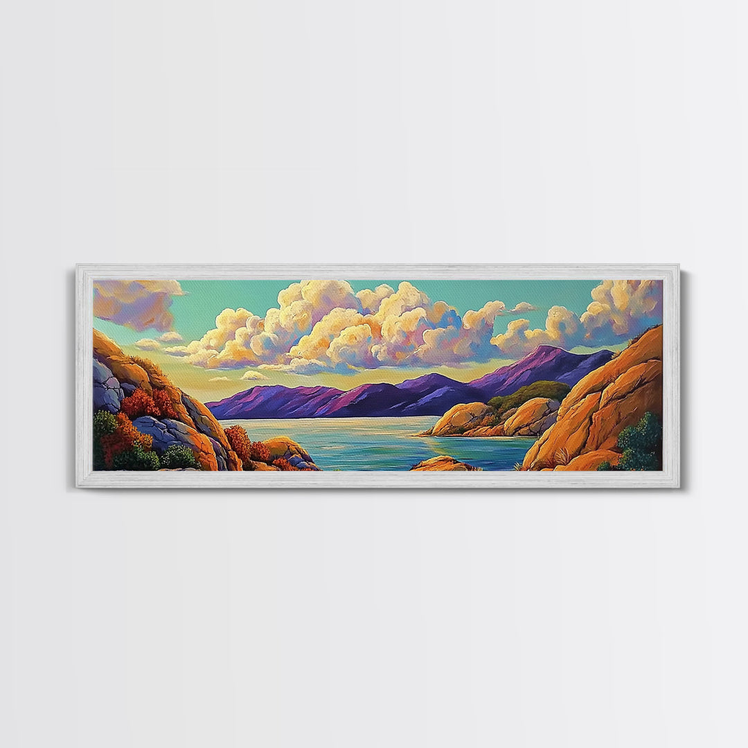 Rocky Coast View, Cloudy Sky Seascape, Peaceful Nature Art, Framed Canvas Print, Beach House Decor, Coastal Bedroom Wall Art