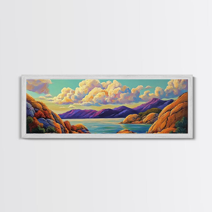 Rocky Coast View, Cloudy Sky Seascape, Peaceful Nature Art, Framed Canvas Print, Beach House Decor, Coastal Bedroom Wall Art
