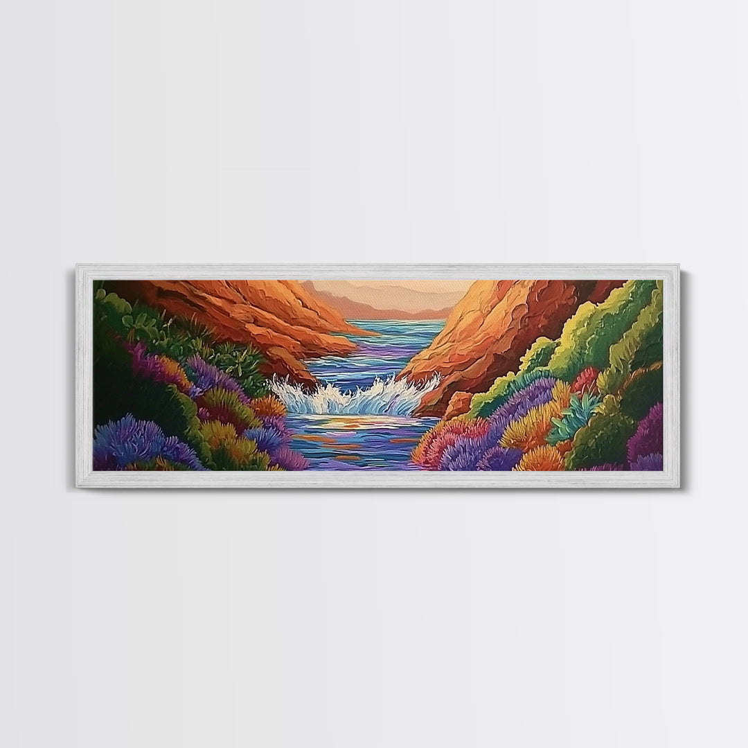 Canyon Stream Bloom, Colorful Desert River Scene, Vibrant Nature Painting, Framed Canvas Print, Southwest Living Room or Office Art