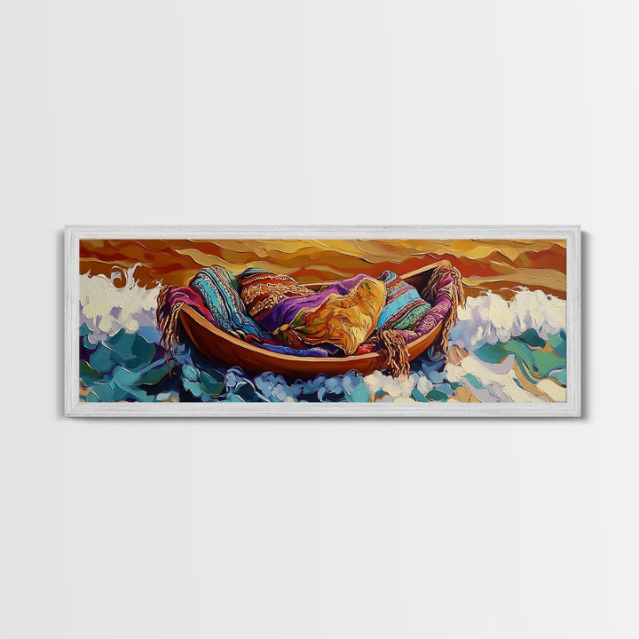 Cozy Boat, Colorful Blankets, Ocean Sunset, Serene Waves, Framed Canvas Print, Bohemian Bedroom Art, Nautical Style, Relaxation Vibe