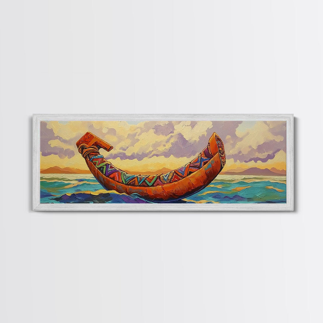 Tribal Canoe, Ocean Spirit, Ethnic Decor, Sunset Waterscape, Framed Canvas Print, Rustic Coastal Art, Living Room Adventure Decor