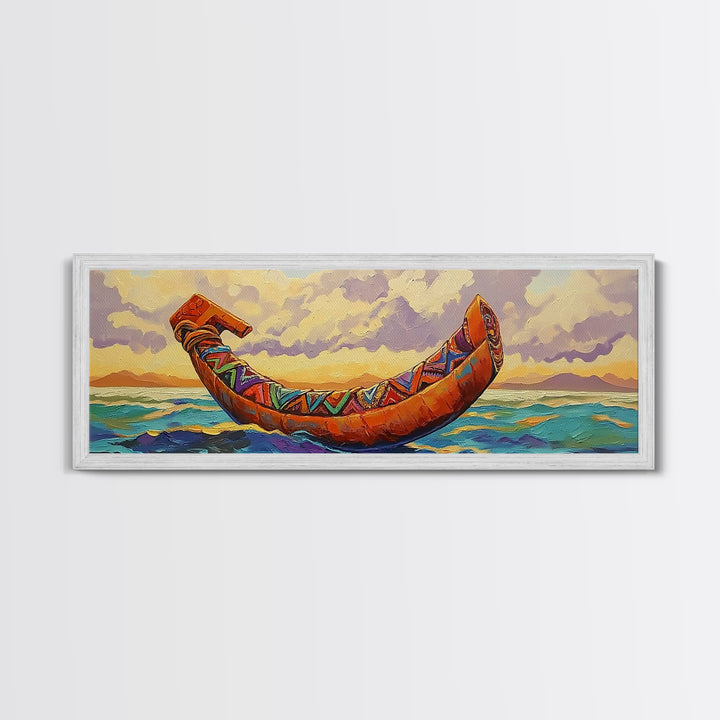 Tribal Canoe, Ocean Spirit, Ethnic Decor, Sunset Waterscape, Framed Canvas Print, Rustic Coastal Art, Living Room Adventure Decor