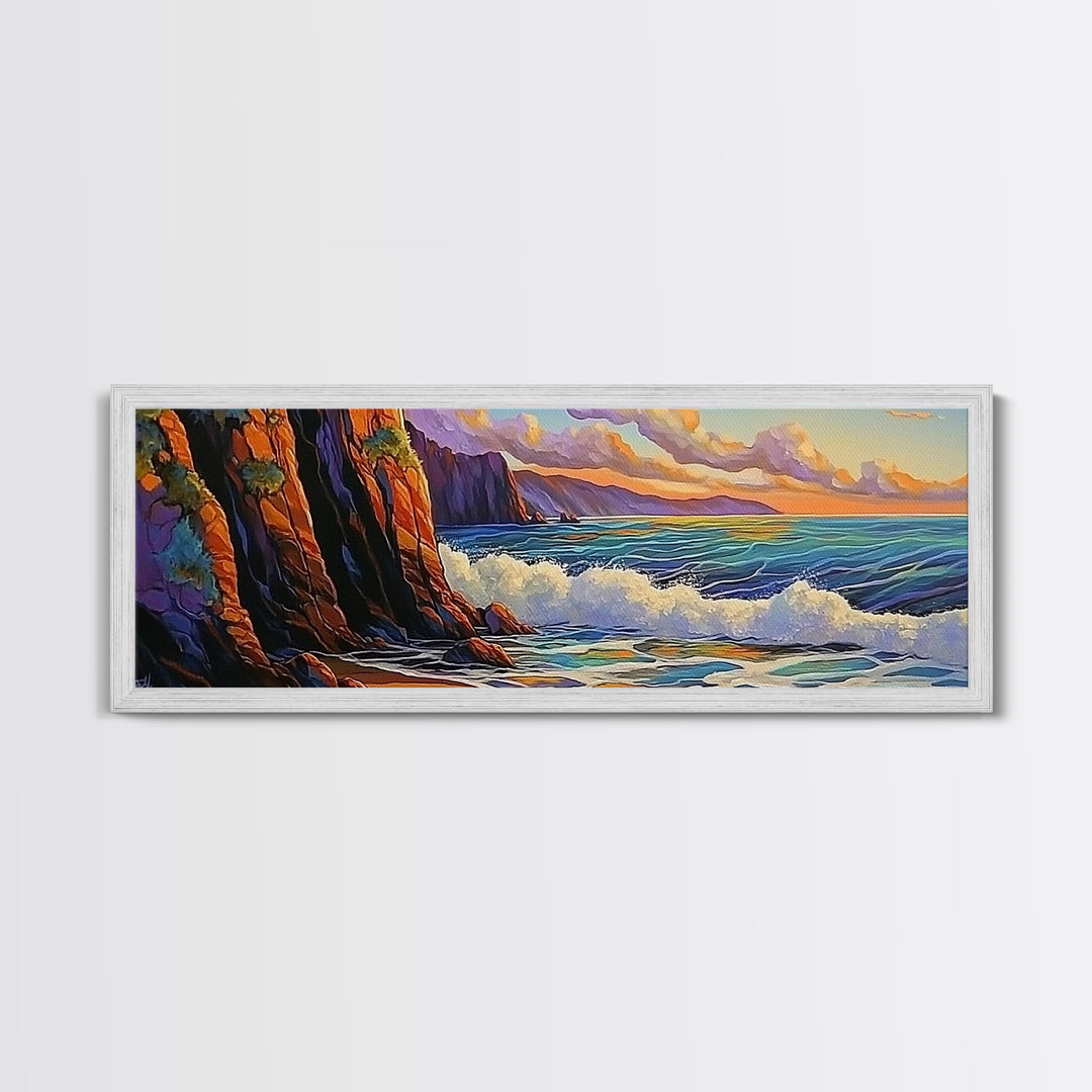 Coastal Cliff, Ocean Waves, Sunset Water, Rocky Shoreline, Framed Canvas Print, Bathroom Wall Art, Vibrant Seascape, Beach House Style