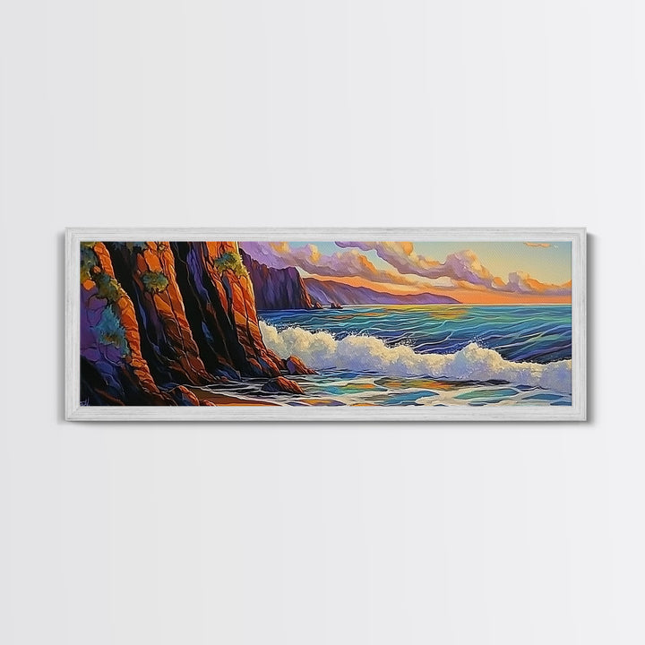 Coastal Cliff, Ocean Waves, Sunset Water, Rocky Shoreline, Framed Canvas Print, Bathroom Wall Art, Vibrant Seascape, Beach House Style