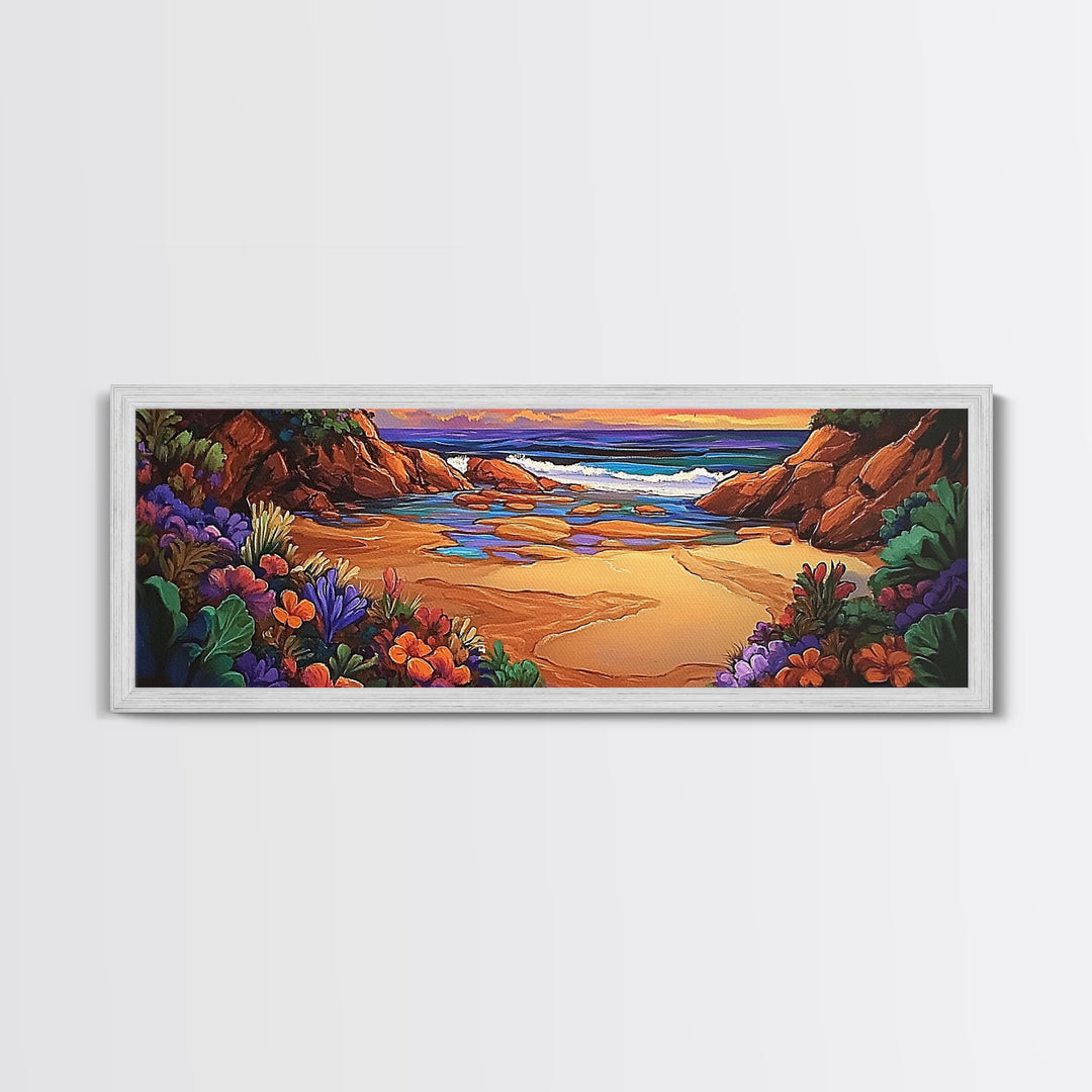Rocky Beach Cove, Tropical Floral Ocean Art, Sunset Coastline View, Framed Canvas Print, Bathroom Wall Art, Nature Inspired Style
