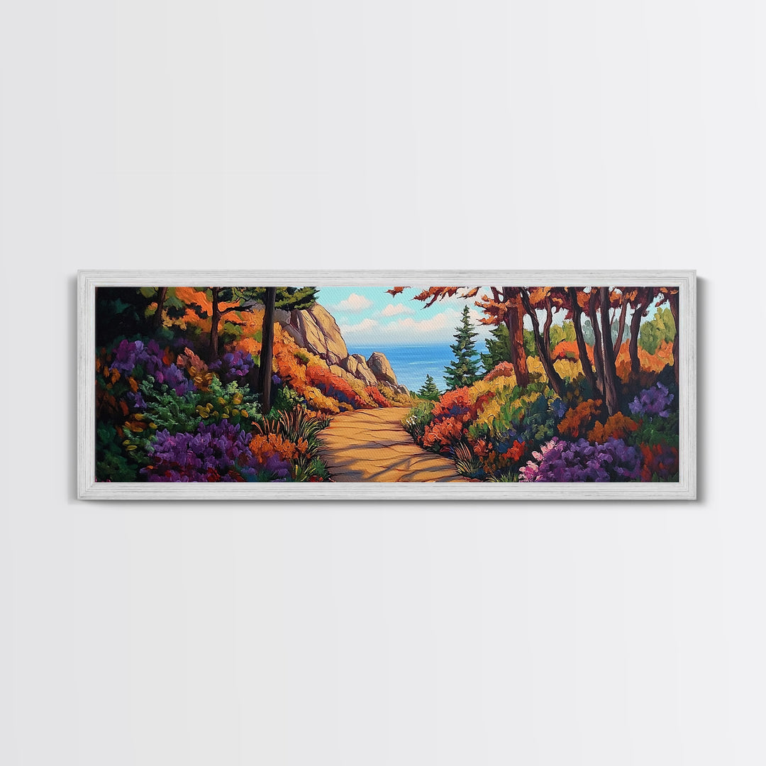 Coastal Forest Walk, Vibrant Landscape Painting, Ocean View Trail, Autumn Decor, Framed Canvas Print, Hallway Wall Art