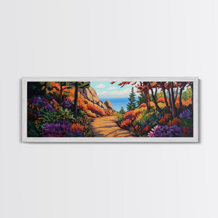Coastal Forest Walk, Vibrant Landscape Painting, Ocean View Trail, Autumn Decor, Framed Canvas Print, Hallway Wall Art