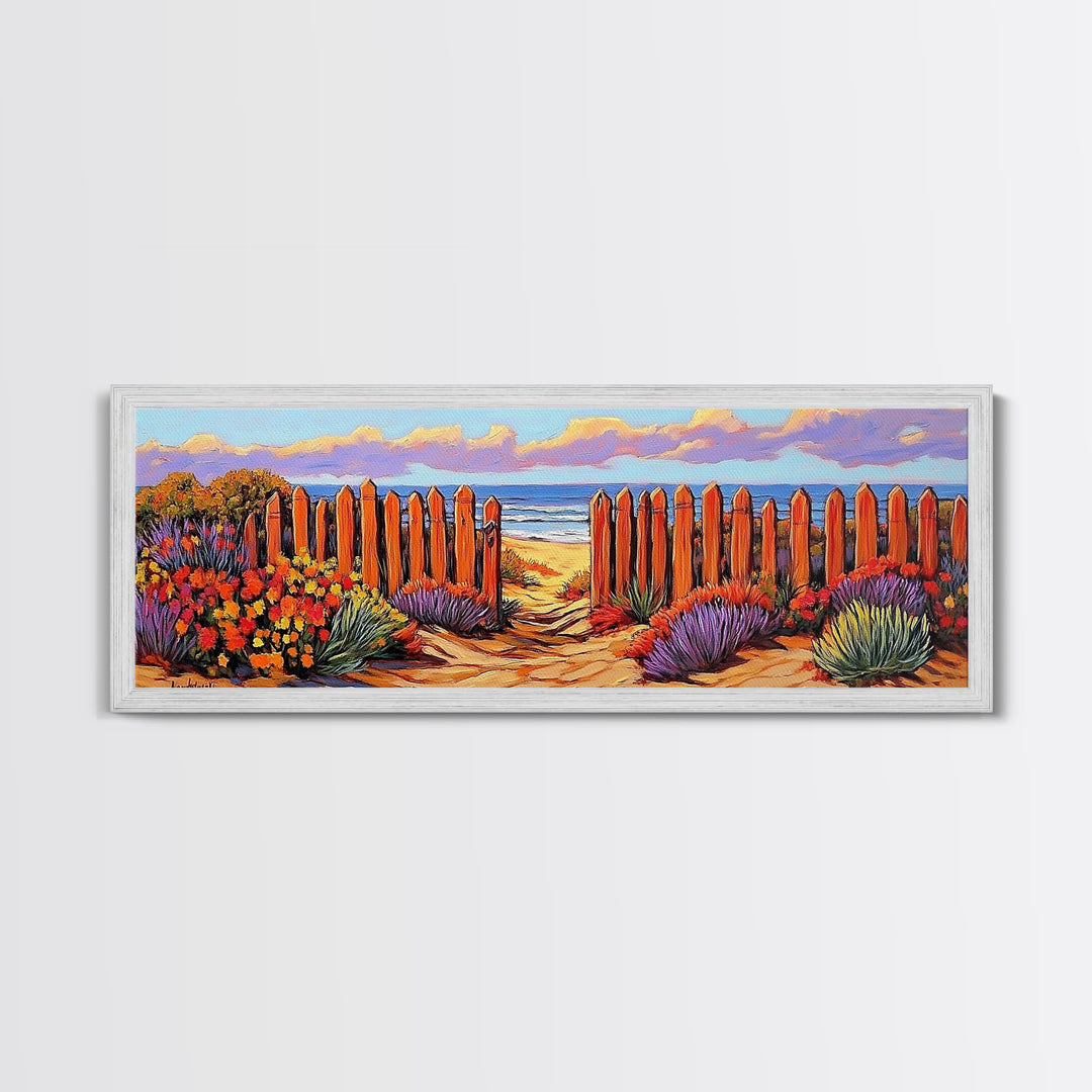 Beach Fence Trail, Ocean Coastal View, Sandy Pathway, Framed Canvas Print, Vibrant Seaside Art, Bathroom or Entryway Decor