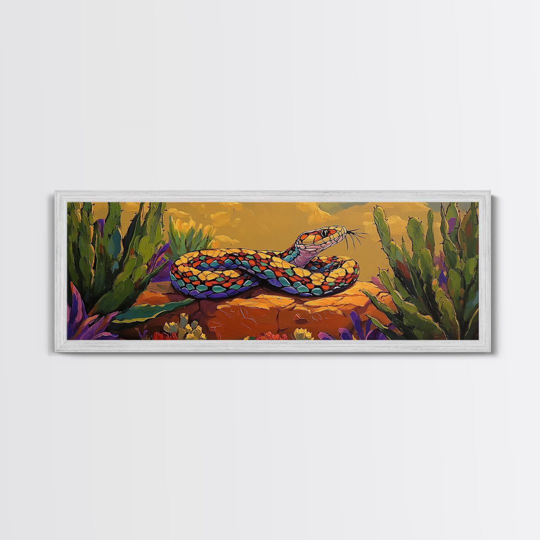 Desert Snake Scene, Vibrant Reptile Art, Cactus Wildlife, Framed Canvas Print, Bold Southwest Wall Decor, Nature Inspired Room