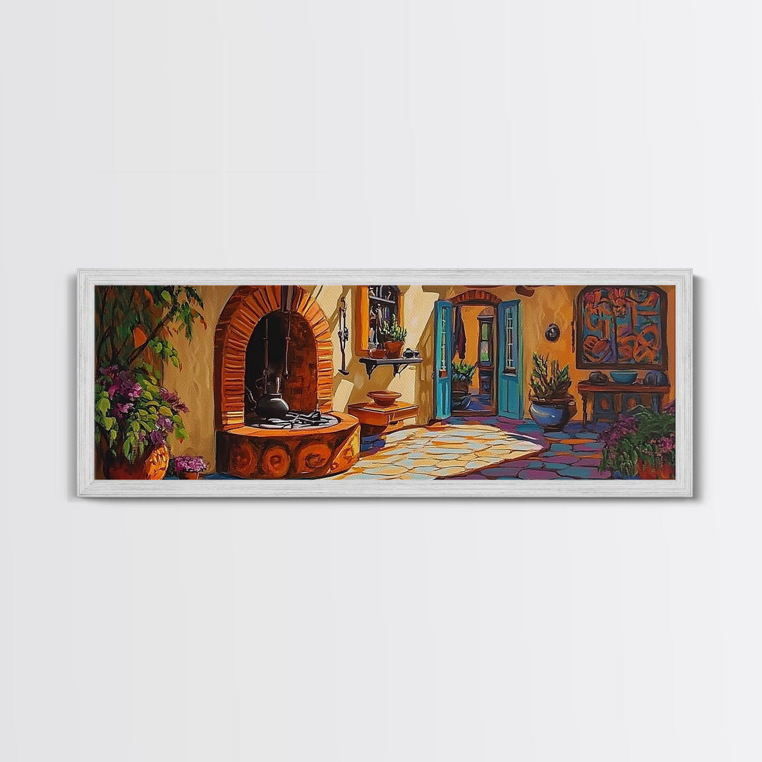 Cozy Kitchen Decor, Rustic Courtyard Art, Adobe Style, Mexican Home Wall Decor, Framed Canvas Print, Southwest Kitchen Wall Art
