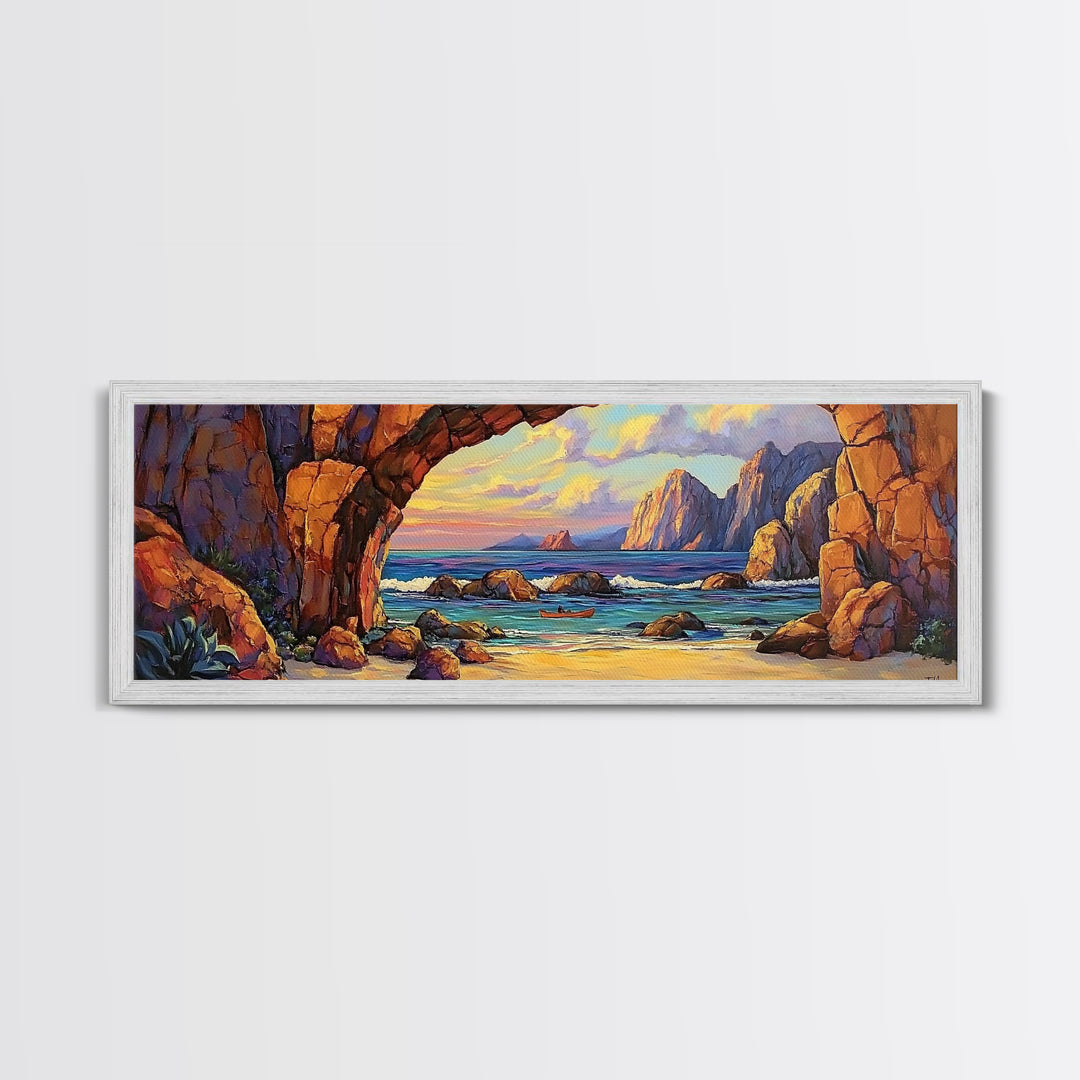Coastal Archway View, Rocky Beach Sunset, Ocean Serenity, Framed Canvas Print, Nautical Living Room Art, Seaside Escape Scene
