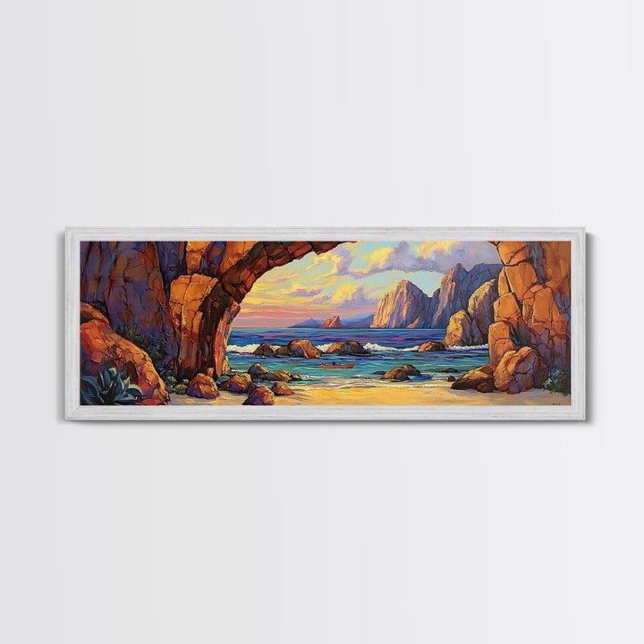 Coastal Archway View, Rocky Beach Sunset, Ocean Serenity, Framed Canvas Print, Nautical Living Room Art, Seaside Escape Scene