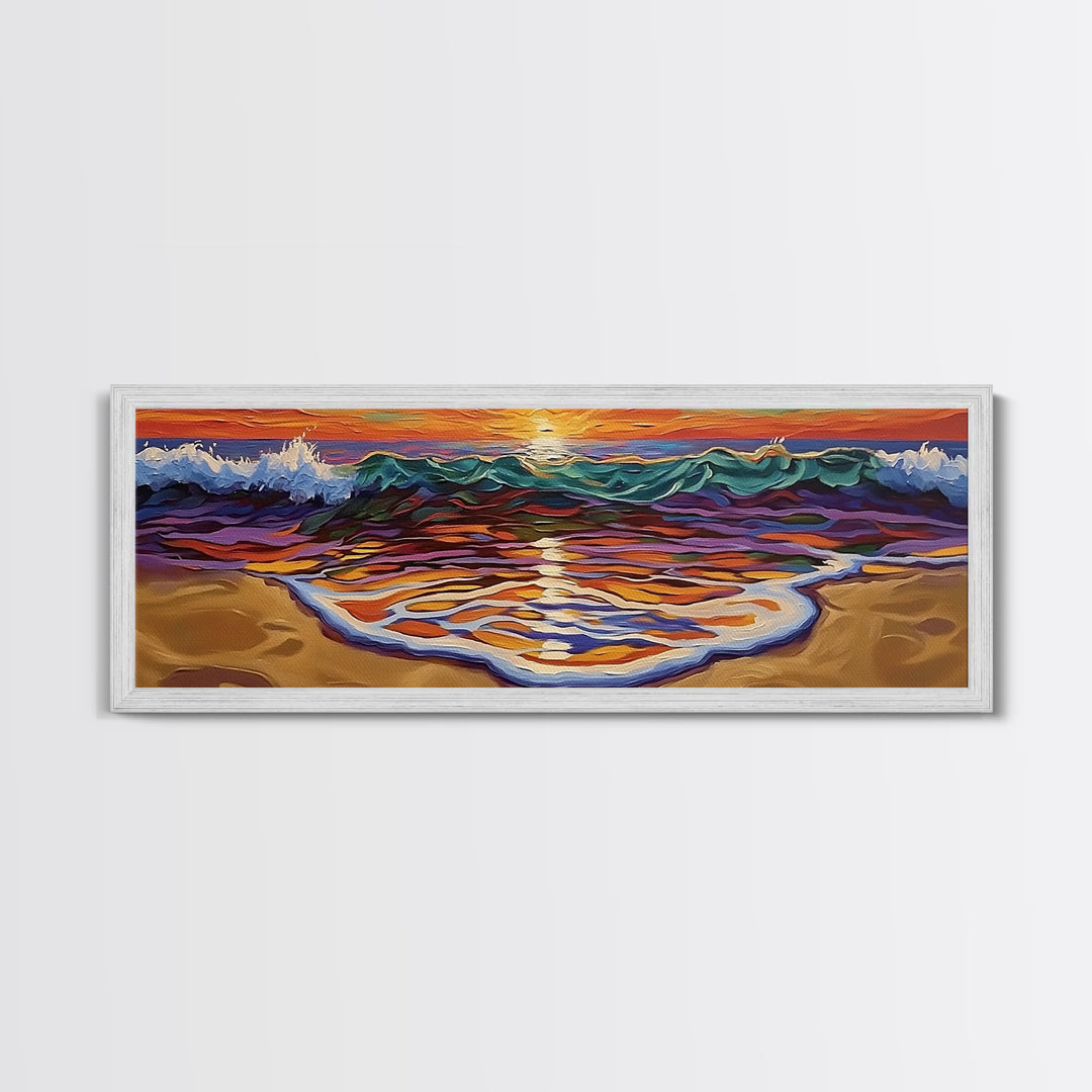 Ocean Sunset Glow, Colorful Wave Reflection, Coastal Abstract, Framed Canvas Print, Beach House Wall Art, Modern Seascape Painting