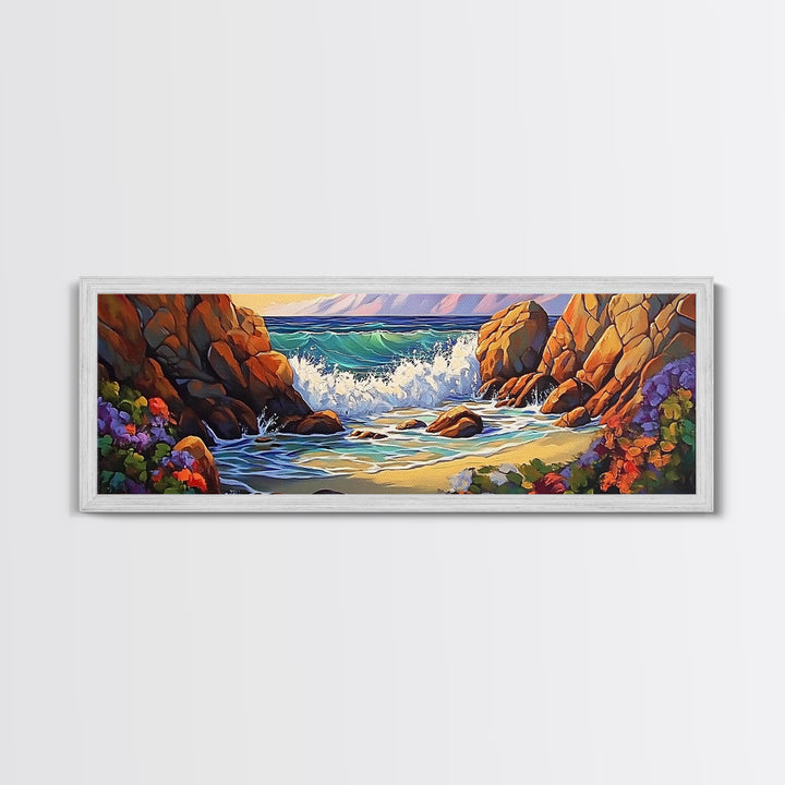 Rocky Shore Break, Ocean Cliff Scene, Seaside Escape, Framed Canvas Print, Coastal Bathroom Wall Art, Nautical Beach Decor