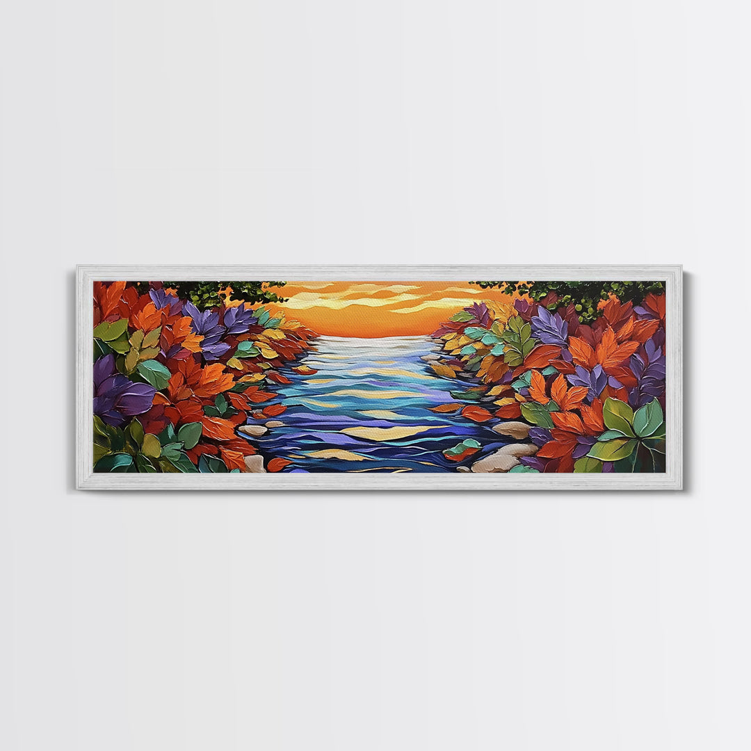 Autumn River Glow, Fall Leaf Reflections, Vibrant Nature Scene, Framed Canvas Print, Rustic Wall Art, Entryway or Dining Room Decor