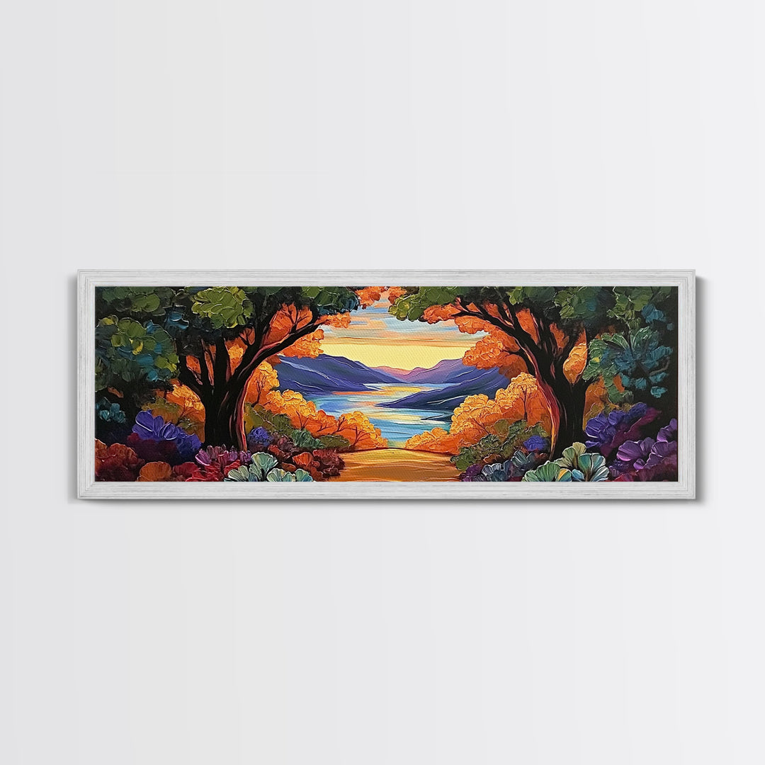 Autumn Lake View, Forest Path, Mountain Vibe, Framed Canvas Print, Fall Wall Art, Boho Landscape, Cozy Living Room Decor