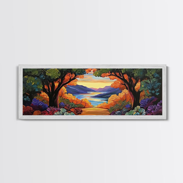 Autumn Lake View, Forest Path, Mountain Vibe, Framed Canvas Print, Fall Wall Art, Boho Landscape, Cozy Living Room Decor