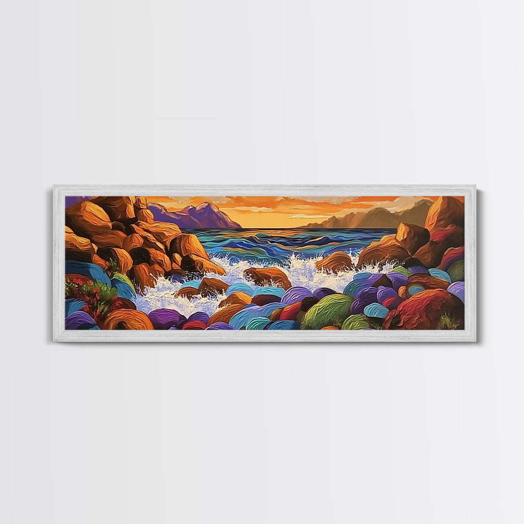 Rocky Coastline, Sunset Splash, Rainbow Stones, Framed Canvas Print, Bathroom Wall Art, Modern Seaside Art, Bold Landscape Vibes