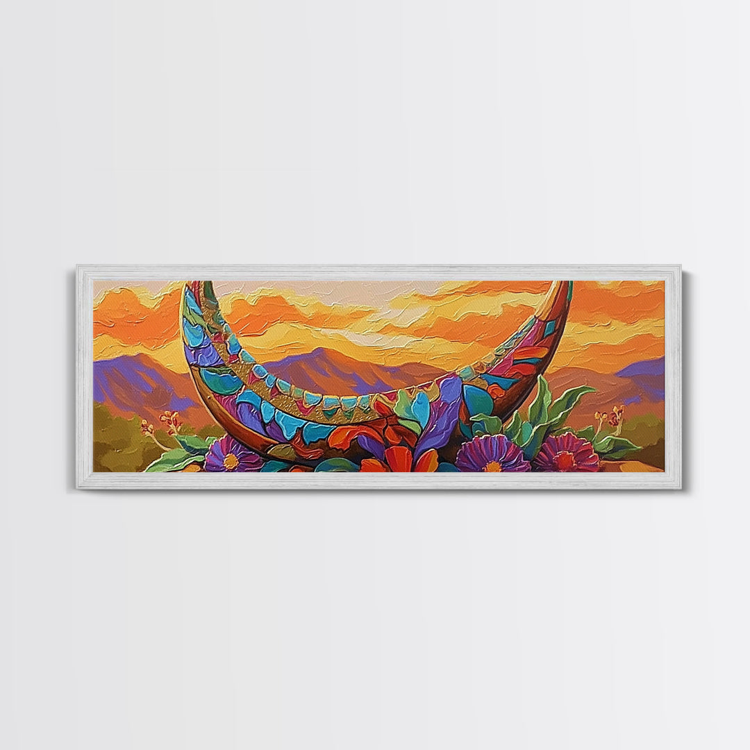 Crescent Moon, Floral Sunset, Western Vibes, Framed Canvas Print, Desert Boho Wall Art, Living Room Decor, Whimsical Southwestern Art
