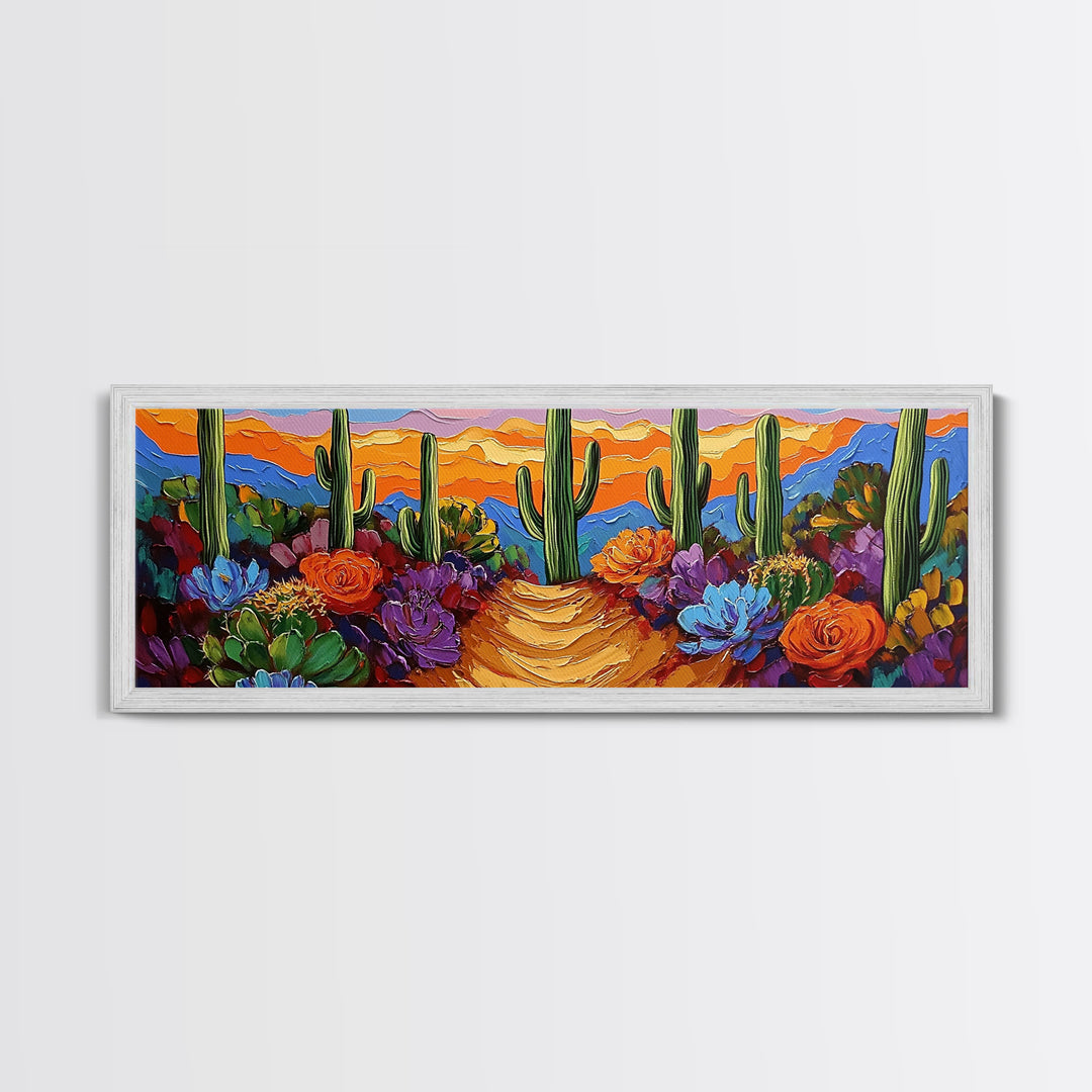 Cactus Garden Sunset, Desert Wall Art, Succulent Landscape, Framed Canvas Print, Boho Living Room Decor, Vibrant Western Style