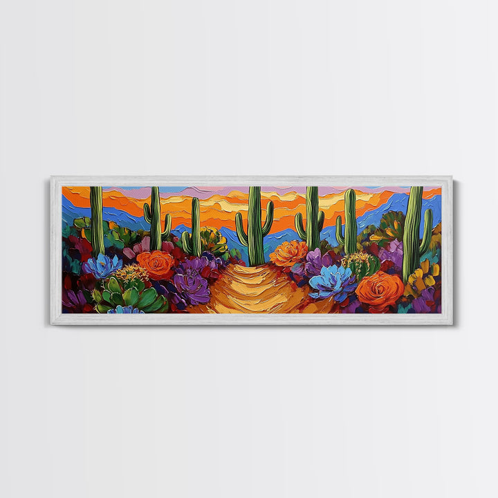 Cactus Garden Sunset, Desert Wall Art, Succulent Landscape, Framed Canvas Print, Boho Living Room Decor, Vibrant Western Style