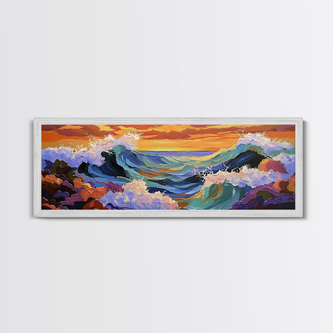 Breaking Waves Seascape, Ocean Wall Art, Sunset Coastal View, Framed Canvas Print, Nautical Living Room Decor, Beach Style