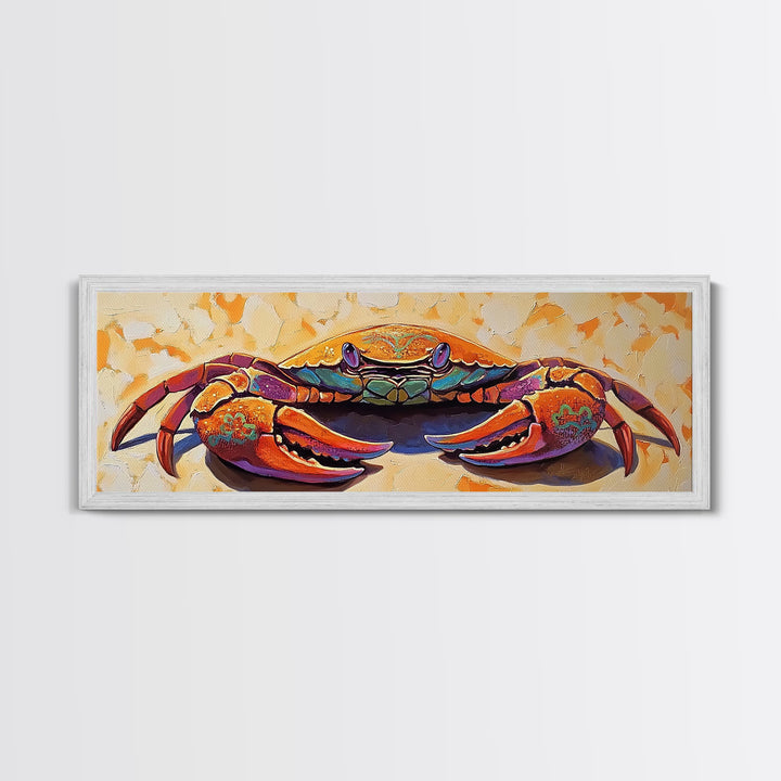 Coastal Crab Art, Beach House Decor, Nautical Vibes, Vibrant Colors Framed Canvas Print, Coastal Kitchen Wall Art, Bold Animal Painting