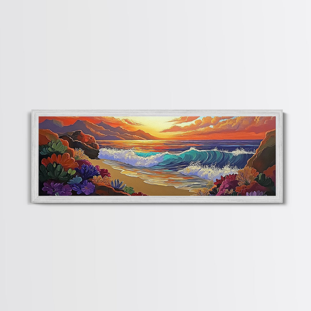 Coastal Sunset, Ocean Waves, Tropical Flowers, Vibrant Seascape, Framed Canvas Print beach wall decor, boho art, living room wall art