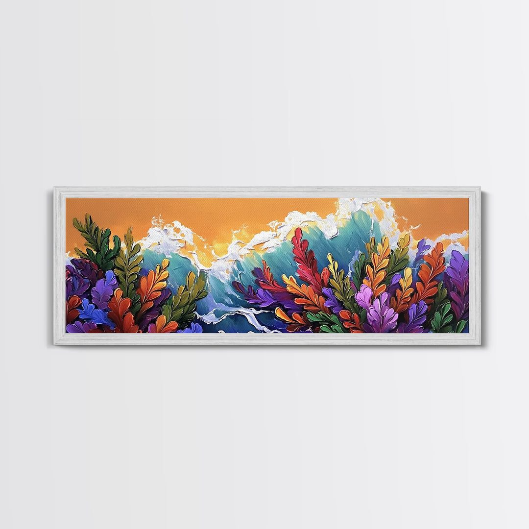 Ocean Blooms, Sunset Waves, Colorful Florals, Seaside Garden, Framed Canvas Print tropical living room wall art, coastal print